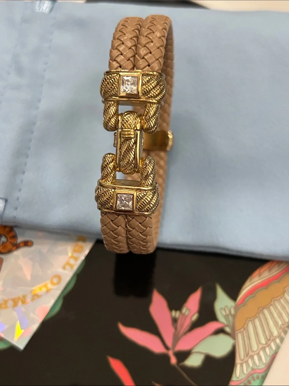 Judith Ripka vintage braided tan vegan leather bracelet. CZ stones.